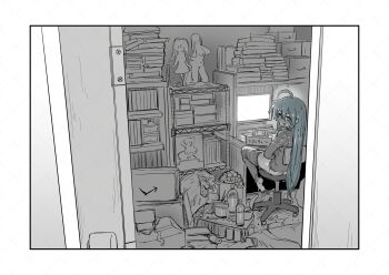 1girl ass book chair clothes_pull commentary_request computer female_masturbation figure greyscale highres izumi_konata long_hair looking_at_viewer lucky_star masturbation mole mole_under_eye monitor monochrome on_chair pants pants_pull sashizume_soutarou sitting solo tissue_box very_long_hair