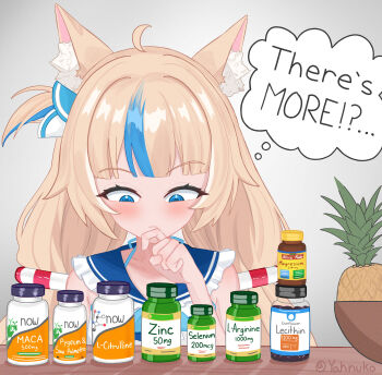1girl :| absurdres animal_ears artist_name blonde_hair blue_eyes blue_hair cat_ears closed_mouth commentary dress english_commentary english_text fish_girl food frilled_sailor_collar frills fruit hand_up highres indie_virtual_youtuber lifebuoy_hair_ornament long_hair looking_down low_twintails multicolored_hair one_side_up pineapple plastic_bottle raised_eyebrow sailor_collar sameko_saba speech_bubble streaked_hair thought_bubble twintails twitter_username upper_body very_long_hair virtual_youtuber white_dress yahnuko
