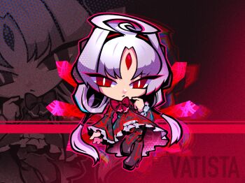 Rule 34 | 1girl, ahoge, black boots, black dress, boots, bow, bowtie, bright pupils, character name, chibi, chibi only, closed mouth, commentary, detached wings, dress, english commentary, eyes visible through hair, forehead jewel, frilled dress, frilled sleeves, frills, full body, gem, hair tubes, headgear, high heel boots, high heels, highres, long hair, long sleeves, looking at viewer, low twintails, neon trim, parted bangs, red bow, red bowtie, red eyes, red gemstone, red trim, red wings, slit pupils, solo, spacedey, twintails, under night in-birth, vatista (under night in-birth), very long hair, white hair, white pupils, wide sleeves, wings, zoom layer