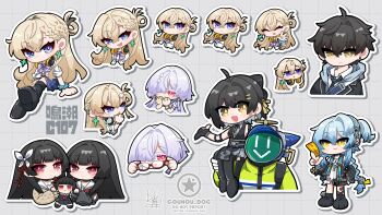 1boy 6+girls :3 black_hair black_jacket black_shoes blonde_hair blue_eyes blue_hair bow bowtie buling_(wuthering_waves) carrying character_doll chisa_(wuthering_waves) closed_mouth colored_eyelashes comiket_107 commentary_request dog-san doll dress dual_persona earrings female_rover_(wuthering_waves) grey_hair hair_between_eyes hair_ornament hair_over_one_eye hair_ribbon hands_up headphones headphones_around_neck highres holding holding_doll holding_ofuda jacket jewelry long_hair looking_at_viewer lynae_(wuthering_waves) male_rover_(wuthering_waves) mornye_(wuthering_waves) multiple_girls official_alternate_costume ofuda open_mouth purple_bow purple_bowtie red_eyes red_ribbon ribbon rover_(wuthering_waves) s.i.g.m.a._(wuthering_waves) sailor_collar shirt shoes shoulder_carry side_ponytail smile star_(symbol) star_earrings triangle_earrings waving white_dress white_sailor_collar white_shirt wuthering_waves yellow_eyes