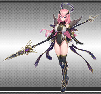 1girl absurdres armor bare_shoulders black_gloves black_leotard borrowed_character breasts commission covered_navel dark_halo elbow_gloves feathered_wings full_body gloves greaves grey_wings halo high_heels highleg highleg_leotard highres holding holding_polearm holding_weapon large_breasts leg_armor leotard long_hair looking_at_viewer multicolored_leotard mytea_(soso) original pink_hair polearm poleyn purple_eyes skeb_commission smile spear standing vambraces weapon white_leotard wings