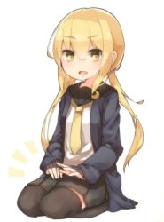 Rule 34 | 1girl, apupuru, black sailor collar, black skirt, black thighhighs, blonde hair, crescent, crescent pin, kantai collection, lap pillow invitation, long hair, long sleeves, looking at viewer, low twintails, neckerchief, open mouth, pleated skirt, sailor collar, satsuki (kancolle), satsuki kai ni (kancolle), school uniform, simple background, sitting, skirt, solo, thighhighs, twintails, very long hair, white background, yellow neckerchief