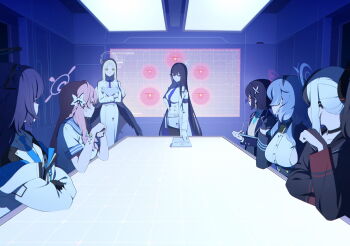 6+girls ahoge ako_(blue_archive) artist_request ayane_(blue_archive) ayumu_(blue_archive) black_hair black_halo black_hoodie black_jacket black_pantyhose blue_archive blue_eyes blue_hair blue_halo blue_jacket blue_necktie blue_sailor_collar bow braid breasts brown_eyes closed_eyes closed_mouth collared_shirt demon_girl demon_horns dress earrings forehead forehead_jewel game_cg glasses gloves green_eyes grey_halo grey_skirt hair_between_eyes halo hanako_(blue_archive) highres hood hoodie horns indoors jacket jewelry kayoko_(blue_archive) large_breasts long_hair looking_at_another multicolored_hair multiple_girls necktie non-web_source official_art open_clothes open_jacket open_mouth pantyhose pink_bow pink_hair pink_halo ponytail purple_hair red-framed_eyewear red_halo rin_(blue_archive) sailor_collar shirt short_hair sideboob single_braid skirt sweater_vest two-tone_hair two_side_up white_dress white_gloves white_hair white_jacket white_shirt white_skirt yellow_halo yellow_sweater_vest yuuka_(blue_archive)