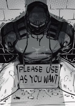 1boy aftersex against_wall arms_behind_back bite_mark bite_mark_on_leg bottomless brick_wall chinese_commentary commentary_request cum cum_on_clothes cum_on_floor english_text frieda_li greyscale halftone head_down helmet highres implied_yaoi male_focus mask monochrome motion_lines original shadow shirt sign sitting solo_focus thighs trembling