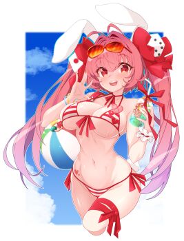 1girl :d animal_ears antenna_hair ball bare_shoulders beachball bendy_straw bikini blue_sky bottle bow breasts cloud cropped_legs day di_gi_charat dice_hair_ornament drinking_straw eyewear_on_head groin hair_between_eyes hair_bow hair_intakes hair_ornament hands_up highres holding holding_bottle large_breasts long_hair looking_at_viewer navel open_mouth pink_hair rabbit_ears red-tinted_eyewear red_bow red_eyes rikumaru sky smile solo striped_bikini striped_clothes sunglasses sweat swimsuit tinted_eyewear twintails usada_hikaru very_long_hair