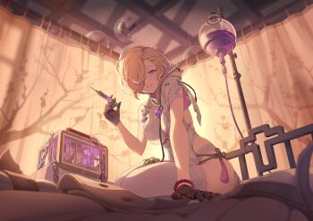 1girl armpit_crease black_gloves blonde_hair breasts cage china_dress chinese_clothes coronis_(springseek)_(stella_sora) coronis_(stella_sora) dress flower_knot full_body game_cg garter_belt gloves grin hair_over_one_eye hat highres holding holding_syringe intravenous_drip lace lace-trimmed_thighhighs lace_gloves lace_trim large_breasts looking_at_viewer mole mole_on_forehead non-web_source official_art one_eye_covered purple_eyes short_hair short_sleeves sideboob sideless_dress sitting smile solo stella_sora stethoscope syringe tassel thighhighs wariza white_dress white_hat white_thighhighs