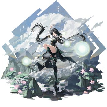 1girl :d ahoge arm_up asymmetrical_dress asymmetrical_gloves asymmetrical_legwear bird black_dress black_hair breasts china_dress chinese_clothes cloud cloudy_sky dress earrings energy_orb fighting_stance flower full_body gloves highres huge_ahoge jewelry jianxin_(wuthering_waves) long_hair looking_at_viewer lotus mountainous_horizon multicolored_hair official_art open_mouth orb sky smile solo standing standing_on_one_leg tacet_mark_(wuthering_waves) thighhighs transparent_background twintails two-tone_hair white_dress white_hair wuthering_waves yin_yang yin_yang_earrings