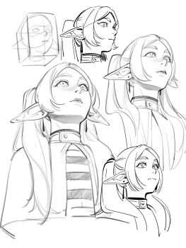 1girl capelet commentary cropped_head cropped_shoulders earrings english_commentary etceteraart frieren head_back high_contrast highres jewelry lineart long_hair long_pointy_ears looking_up monochrome multiple_views parted_bangs pointy_ears shirt simple_background smile sousou_no_frieren striped_clothes striped_shirt teardrop_earrings thick_eyebrows twintails upper_body upward_angle_frieren_drawing white_background