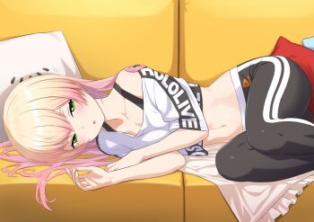 1girl arm_rest black_bra black_pants blonde_hair blush bra breasts clothes_writing commentary_request copyright_name couch crop_top crop_top_lift cropped_shirt gradient_hair green_eyes hair_flowing_over hair_over_shoulder hair_spread_out half-closed_eyes highres hololive hololive_dance_practice_uniform long_hair looking_at_viewer lying midriff momosuzu_nene multicolored_hair navel official_alternate_costume on_couch on_side open_mouth pants pillow pink_hair shirt solo sports_bra underwear virtual_youtuber white_shirt yoga_pants