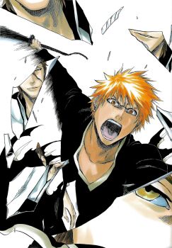Rule 34 | 2boys, aizen sousuke, attack, bankai, bleach, broken glass, brown eyes, brown hair, closed mouth, collarbone, glass, holding, holding sword, holding weapon, kubo tite, kurosaki ichigo, looking at viewer, multiple boys, official art, open mouth, orange hair, second-party source, short hair, simple background, spiked hair, sword, teeth, tensa zangetsu (bankai), tongue, weapon, white background, yellow eyes, zanpakutou