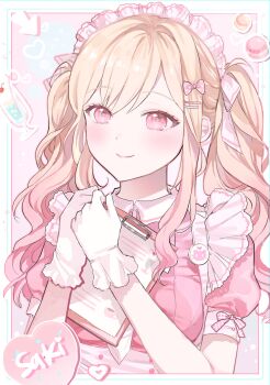 0202ase 1girl absurdres apron blonde_hair blush bow clipboard dress gloves gradient_hair hair_bow highres holding long_hair looking_at_viewer maid maid_headdress menu multicolored_hair pink_bow pink_dress pink_eyes pink_hair project_sekai puffy_short_sleeves puffy_sleeves short_sleeves smile solo tenma_saki twintails upper_body white_gloves