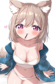 1girl animal_ear_fluff animal_ears bare_shoulders blue_jacket blush bow bow_panties breasts brown_hair camisole cleavage closed_mouth collarbone commentary_request drawstring food food_in_mouth from_above groin hair_between_eyes heart highres jacket large_breasts looking_at_viewer looking_up masaki_(msk064) mouth_hold navel off_shoulder open_clothes open_jacket original panties plaid_clothes plaid_jacket pocky pocky_day purple_eyes sitting solo tail underwear white_background white_camisole white_panties