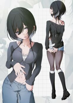 Rule 34 | 1girl, absurdres, arms behind back, belt, black boots, black cardigan, black hair, boots, braid, breasts, brown pantyhose, camisole, cardigan, cleavage, collarbone, commentary request, cowboy shot, denim, denim shorts, from behind, full body, gradient hair, hair between eyes, hair over shoulder, highres, jeans, kaname (usurai rairai), knee boots, kneehighs, lace, lace-trimmed camisole, lace-trimmed panties, lace trim, looking back, lowleg, lowleg pants, medium breasts, midriff, multicolored hair, multiple views, navel, navel piercing, original, outside border, panties, pants, pantyhose, pantyhose under shorts, piercing, purple eyes, ribbed socks, shorts, single off shoulder, sleeves past wrists, socks, socks over pantyhose, tongue, tongue out, tongue piercing, twin braids, underwear, usurai rairai, white belt, white camisole, white socks