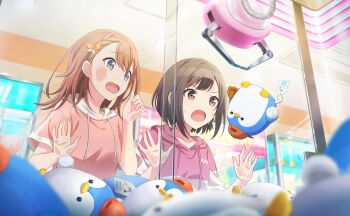 2girls baseball blurry braid brown_eyes brown_hair colorful_palette crane_game depth_of_field drawstring game_asset grey_eyes hair_ornament hanasato_minori highres hood hoodie minna_de_enjoy!_spojoy_park_(project_sekai) multiple_girls official_art open_mouth pink_hoodie project_sekai shinonome_ena stuffed_animal stuffed_penguin stuffed_toy sweatdrop third-party_source tongue v-shaped_eyebrows