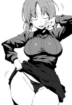 1girl bow bow_panties breasts buttons closed_eyes clothes_lift collared_shirt covered_pussy cowboy_shot dot_nose dress_shirt girls_und_panzer greyscale groin hand_to_own_mouth hand_up henyaan_(oreizm) highres insignia kuromorimine_school_uniform large_breasts lifting_own_clothes lingerie miniskirt monochrome motion_lines nishizumi_miho ojou-sama_pose open_mouth panties parted_bangs pleated_skirt raised_eyebrows school_uniform shirt short_hair simple_background skirt skirt_lift smile solo straight-on underwear white_background wing_collar