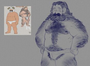 1boy back_hair bara beard belly body_fur briefs cosmogeddom cowboy_shot dungeon_meshi dwarf excessive_pubic_hair facial_hair fake_horns fat fat_man greyscale hairy hand_hair hands_on_own_hips helmet highres horned_helmet horns kui_ryouko large_pectorals long_beard male_focus male_pubic_hair male_underwear mature_male monochrome mustache navel navel_hair nipple_hair nipples pectorals pubic_hair reference_inset senshi_(dungeon_meshi) solo standing stomach thick_arm_hair thick_chest_hair thick_eyebrows thick_leg_hair thick_mustache thick_navel_hair topless_male underwear very_hairy very_long_beard