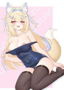 Rule 34 | 1girl, absurdres, animal ear fluff, animal ears, black thighhighs, blonde hair, blue hair, breasts, cleavage, clothes pull, dog ears, dog girl, dog tail, fake horns, fuwawa abyssgard, hair ornament, hairband, highres, hololive, hololive english, honon, horn hairband, large breasts, long hair, multicolored hair, nipples, one-piece swimsuit, one-piece swimsuit pull, pink eyes, school swimsuit, solo, swimsuit, tail, thighhighs, two side up, virtual youtuber