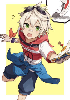 Rule 34 | 1boy, bandaid, bandaid on face, bandaid on nose, bennett (genshin impact), bennett (keep) (genshin impact), black shorts, clothes around waist, commentary request, fried egg, genshin impact, gloves, goggles, goggles on head, green eyes, hair between eyes, highres, holding, holding plate, hood, hoodie, iroiro 0w0, long hair, male focus, multiple views, official alternate costume, open mouth, plate, red hoodie, rock, short hair, shorts, simple background, white background, yellow background