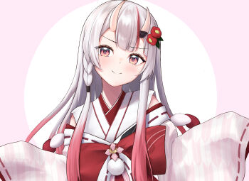 1girl blush border closed_mouth colored_tips commentary_request flower grey_hair hair_flower hair_ornament highres hololive kakinotane_e long_hair long_sleeves looking_at_viewer multicolored_hair nakiri_ayame nakiri_ayame_(shrine_maiden) nontraditional_miko official_alternate_costume pink_background red_eyes red_hair red_streaks ribbon-trimmed_sleeves ribbon_trim round_border sleeves_past_fingers sleeves_past_wrists smile solo streaked_hair two-tone_background upper_body virtual_youtuber white_background wide_sleeves yagasuri