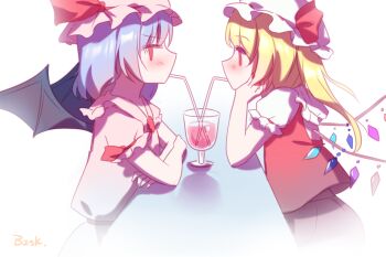 2girls artist_name baozishark bat_wings blonde_hair blue_hair blush commentary_request cup dress drinking_glass drinking_straw eye_contact flandre_scarlet from_side hat hat_ribbon highres incest looking_at_another mob_cap multiple_girls pink_dress pink_hat puffy_short_sleeves puffy_sleeves red_eyes red_ribbon red_vest remilia_scarlet ribbon shared_drink short_hair short_sleeves siblings side_ponytail sisters touhou vest white_hat wings yuri
