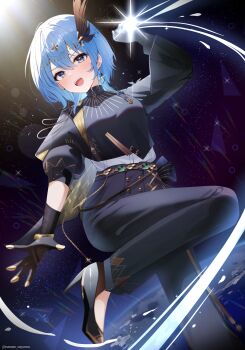 1girl :d absurdres asymmetrical_sleeves black_gloves black_pants black_shirt black_shoes blue_hair breasts commentary_request double-parted_bangs earrings gloves hair_between_eyes hand_up high-waist_pants highres hololive hoshimachi_suisei hoshimachi_suisei_(spectra_of_nova) jewelry long_sleeves looking_at_viewer nanase_nayumu official_alternate_costume official_alternate_hairstyle open_mouth pants shirt shirt_tucked_in shoes short_hair single_earring small_breasts smile solo standing standing_on_one_leg teeth three-quarter_sleeves uneven_sleeves upper_teeth_only virtual_youtuber white_shirt