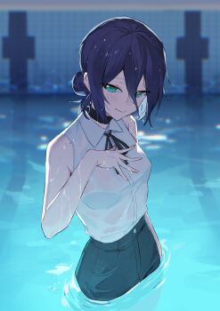 1girl absurdres black_choker black_hair black_ribbon black_shorts blush breasts chainsaw_man choker closed_mouth collared_shirt commentary cow green_eyes grenade_pin hair_between_eyes hair_bun hand_up highres long_hair_between_eyes looking_at_viewer medium_hair neck_ribbon pool reze_(chainsaw_man) ribbon seizou_hidzuke shirt shorts sleeveless sleeveless_shirt small_breasts solo tile_wall tiles wading water wet wet_clothes wet_hair wet_shirt