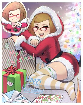1girl ^_^ alternate_costume bob_cut box breasts brown_eyes brown_hair character_ornament christmas christmas_tree cleavage closed_eyes commentary crown dress english_commentary envelope fingernails full_body fur-trimmed_dress fur-trimmed_hood fur-trimmed_sleeves fur_trim gift gift_box glasses half-closed_eyes happy_holidays highres holding holding_mistletoe hood hood_up leaning leaning_on_box lipstick long_sleeves looking_at_viewer makeup merry_christmas mini_crown mistletoe nail_polish nikki's_cat nikki_(swapnote) nintendo nintendo_eshop no_sclera on_floor open_mouth parted_bangs red-framed_eyewear red_dress red_nails santa_costume santa_dress short_dress short_hair sitting snow snowflakes snowing solo striped_clothes striped_thighhighs swapnote teeth thighhighs upper_teeth_only wariza yamouri