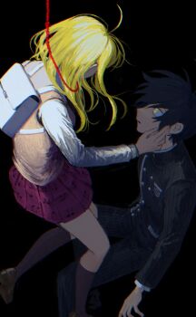 Rule 34 | 1boy, 1girl, ahoge, akamatsu kaede, backpack, bag, black background, black hair, black jacket, blonde hair, buttons, collared jacket, danganronpa (series), danganronpa v3: killing harmony, dark, double-breasted, glowing, glowing eyes, hair between eyes, hand on another's cheek, hand on another's face, highres, implied death, implied suicide, jacket, kneehighs, long hair, long sleeves, mayo845373, musical note, musical note print, noose, pants, pink sweater vest, pink vest, pinstripe jacket, pinstripe pants, pinstripe pattern, pleated skirt, saihara shuichi, school uniform, shirt, short hair, sidelighting, skirt, socks, spoilers, striped clothes, striped jacket, striped pants, sweater vest, vest, white bag, white shirt, yellow eyes