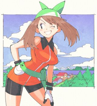 1girl bandana belt bike_shorts black_eyes black_shorts blush breasts cloud green_bandana green_belt hand_on_own_hip highres inkerton-kun jacket may_(pokemon) may_(pokemon_emerald) medium_breasts nintendo orange_jacket pokemon pokemon_emerald pokemon_rse shorts sky sleeveless sleeveless_jacket smile solo tree v-shaped_eyebrows water