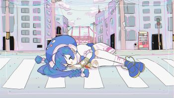 1girl ahoge band_uniform blue_eyes blue_hair blue_shirt blue_shoes blush bow bridge building city cloud cloudy_sky commentary_request crosswalk day detached_sleeves eel_hat expressionless full_body gold_trim hair_bow hand_on_own_knee highres long_hair looking_at_viewer lying multiple_hair_bows musical_note musical_note_print necktie no_mouth on_ground on_side otomachi_una otomachi_una_(sugar) outdoors piano_print power_lines print_skirt print_socks puffy_short_sleeves puffy_sleeves red_necktie sailor_collar see-through_clothes see-through_sleeves shirt shoes short_sleeves skirt sky socks solo striped_bow twintails utility_pole vending_machine very_long_hair vhs_artifacts vi_(ao_type) vocaloid white_bow white_sailor_collar white_skirt white_socks winged_footwear