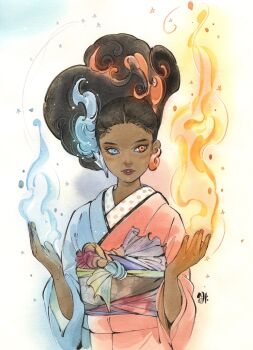 1girl black_hair blue_eyes blue_kimono blue_streaks commentary cryokinesis dark-skinned_female dark_skin earrings fire heterochromia highres japanese_clothes jewelry kimono looking_to_the_side marvel mismatched_earrings multicolored_kimono orange_eyes orange_streaks parted_lips peach_momoko pyrokinesis red_kimono solo split-color_clothes temper_(x-men) updo upper_body white_background x-men