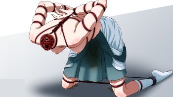 1girl absurdres arms_behind_back ayanami_rei bend_over blue_skirt bound bound_ankles bound_arms bound_legs bound_wrists breasts cross-section decapitation execution female_focus forced guro headless highres humiliation neon_genesis_evangelion pee peeing peeing_self red_rope restrained rope school_uniform severed_head shirt skirt socks solo white_shirt