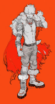 1boy absurdres bakugou_katsuki boku_no_hero_academia boots cape ear_piercing full_body fur-trimmed_cape fur_trim highres jewelry llo91s male_focus necklace nipples official_alternate_costume pants piercing red_background red_eyes short_hair smile solo spiked_hair tattoo toned toned_male topless_male