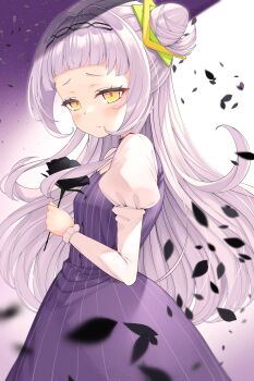 1girl absurdres arched_bangs black_flower black_rose blush commentary cone_hair_bun cowboy_shot dress embarrassed falling_petals flower from_side grey_hair hair_bun hairband hexagram_hair_ornament highres holding holding_flower hololive juliet_sleeves kage_(ka_9e_4su) long_hair long_sleeves looking_at_viewer looking_to_the_side murasaki_shion petals pinafore_dress pinstripe_dress pinstripe_pattern puffy_sleeves purple_dress queen_(vocaloid) ringed_eyes rose sad shirt short_eyebrows side_up_bun sidelocks single_side_bun sleeveless sleeveless_dress solo virtual_youtuber white_shirt yellow_eyes