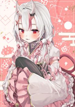 Rule 34 | 1girl, absurdres, blush, bow, bowtie, commentary request, detached sleeves, frilled sleeves, frills, highres, hololive, japanese clothes, lolita fashion, multicolored hair, nakiri ayame, nakiri ayame (10th costume), pink bow, pink bowtie, red eyes, tray, virtual youtuber, wa lolita, wide sleeves, yuzuno wagiri