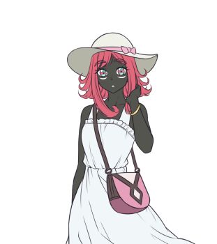 1girl bag bangle black_skin bow bracelet breasts colored_skin commentary cowboy_shot dress english_commentary expressionless flipped_hair gen_7_pokemon handbag hat hat_bow jewelry kirby_otaku legendary_pokemon looking_at_viewer nintendo parted_lips personification pink_bow pink_hair pokemon short_hair simple_background small_breasts solo sun_hat sundress tapu_lele transparent_background white_dress white_hat