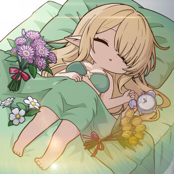 1girl absurdres alarm_clock analog_clock azur_lane bangs_over_one_eye bare_shoulders barefoot blanket blonde_hair bouquet chibi chibi_only clock closed_eyes de_zeven_provincien_(azur_lane) de_zeven_provincien_(snuggling_for_warmth)_(azur_lane) flower highres official_alternate_costume official_art on_bed parted_lips pillow pink_flower pointy_ears sleeping solo toes tulip white_flower yellow_flower