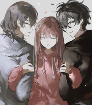 1girl 2boys akechi_gorou amamiya_ren black-framed_eyewear black_eyes black_hair black_hoodie brown_eyes brown_hair closed_eyes closed_mouth commentary_request facing_viewer from_behind glasses grey_hoodie hair_between_eyes highres hood hoodie k1kiwa locked_arms long_hair long_sleeves looking_back medium_hair messy_hair multiple_boys no_eyewear parted_lips persona persona_5 persona_5_the_royal red_hair red_hoodie simple_background smile turning_head upper_body white_background yoshizawa_sumire