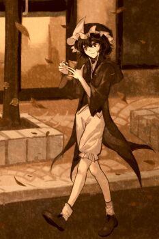 1other :3 absurdres androgynous ankle_socks baggy_shorts banknote bilingual_commentary black_eyes black_hair black_hat black_shirt boots closed_mouth coattails collared_shirt commentary counting_money day english_commentary falling_leaves frilled_headwear frilled_shorts frills full_body hair_between_eyes happy hat high_collar highres holding holding_money hood hood_down hooded_jacket jacket leaf len'en looking_at_object mixed-language_commentary mob_cap money open_clothes open_jacket other_focus outdoors pointy_nose purple_boots purple_jacket road shirt shitodo_kuroji shop short_hair shorts sidewalk smile socks solo sunset tree triangular_headpiece walking white_shorts white_socks yancao_(pixiv_103434280)