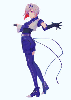 Rule 34 | 1girl, asymmetrical sleeves, black gloves, blue jacket, blue pantyhose, blue shorts, blue thighhighs, breasts, colored inner hair, commentary, elbow gloves, full body, gloves, grey background, grey hair, highres, holding, holding microphone, jacket, ladybug/beauty (love live!), link! like! love live!, long sleeves, looking at viewer, love live!, macken666, medium breasts, microphone, multicolored hair, official alternate costume, pantyhose, pink eyes, red hair, short shorts, short sleeves, shorts, simple background, single elbow glove, single glove, single leg pantyhose, single thighhigh, solo, streaked hair, thighhighs, uneven sleeves, virtual youtuber, yugiri tsuzuri