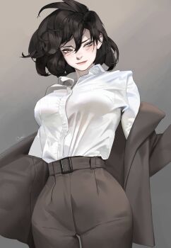 Rule 34 | 1girl, absurdres, belt, black hair, breasts, closed mouth, coat, collared shirt, commentary, english commentary, gradient background, grey background, grey coat, grey pants, hair between eyes, high-waist pants, highres, large breasts, mole, mole under eye, open clothes, open coat, ori dal, original, pants, shirt, smile, solo, standing, white eyes, white shirt