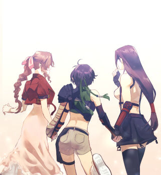 3girls aerith_gainsborough armor bare_shoulders belt black_belt black_gloves black_hair black_skirt black_thighhighs braid brown_hair commentary cropped_jacket demi_co dress final_fantasy final_fantasy_vii fingerless_gloves from_behind gloves grey_shorts hair_ribbon height_difference highres holding_hands jacket long_hair midriff multiple_girls pauldrons pink_dress pink_ribbon pocket profile red_jacket ribbon short_hair shorts shoulder_armor sidelocks simple_background single_pauldron skirt sleeveless smile standing standing_on_one_leg symbol-only_commentary thighhighs tifa_lockhart white_background yuffie_kisaragi