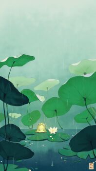 Rule 34 | animal, artist logo, artist name, commentary, english commentary, film grain, flower, frog, grey sky, highres, horizon, lily pad, logo, lotus leaf, marusa gorjup, nature, no humans, original, outdoors, paid reward available, rain, ripples, scenery, sky, water, water drop, water lily flower, white flower