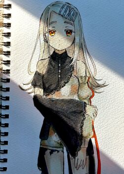 1girl black_shirt blonde_hair closed_mouth collared_shirt colored_eyelashes commentary_request contrast_(idolmaster) cowboy_shot detached_sleeves earrings flipped_hair gakuen_idolmaster gradient_hair green_shirt green_shorts grey_hair hair_ornament hairclip hand_on_own_arm highres idolmaster jewelry lace lace-trimmed_shirt lace-trimmed_sleeves lace_trim long_hair long_sleeves marker_(medium) multicolored_hair orange_eyes parallel_hairclips photo_(medium) shade shinosawa_hiro shirt shorts single_detached_sleeve single_sleeve solo stud_earrings swept_bangs traditional_media x_hair_ornament yukia789