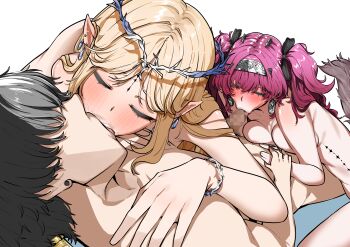 1boy 2girls absurdres aobasuta100 black_hair blonde_hair blush bracelet cartethyia_(wuthering_waves) censored circlet closed_eyes commentary_request completely_nude earrings fellatio group_sex hetero highres jewelry kiss lupa_(wuthering_waves) lying male_rover_(wuthering_waves) mmf_threesome mosaic_censoring multiple_girls nipples nude on_back oral paid_reward_available penis pointy_ears purple_hair rover_(wuthering_waves) saliva tail threesome twintails wuthering_waves