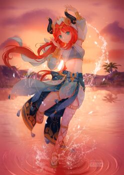 1girl absurdres arm_up artist_name black_horns brooch celtreny closed_mouth commentary dancing detached_sleeves deviantart_logo english_commentary fake_horns full_body genshin_impact gladiator_sandals gold_trim hand_up harem_outfit highres horns jewelry long_hair looking_at_another low_twintails midriff nilou_(genshin_impact) orange_sky pixiv_logo red_hair ripples sandals sky smile solo thighlet twintails twitter_logo twitter_username veil water white_veil