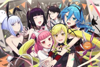 6+girls animal_costume animal_ears aoki_shizumi blonde_hair blue_eyes blue_hair breasts cleavage demon_costume demon_horns halloween halloween_costume highres horns isemi_tina kurogane_otoha large_breasts long_hair looking_at_viewer medium_breasts multiple_girls pink_hair playboy_bunny purple_eyes purple_hair rabbit_ears red_eyes rock_wa_lady_no_tashinami_deshite shiraya_tamaki short_hair small_breasts suzunomiya_lilisa twintails white_hair wolf_costume wolf_ears yellow_eyes