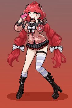 Rule 34 | 1girl, absurdres, ahoge, black boots, black skirt, boots, cardigan, commentary request, full body, green eyes, grin, highres, holding, holding phone, long hair, long sleeves, looking at viewer, nakirikea, phone, pink cardigan, pixel art, red hair, single thighhigh, skirt, smile, solo, standing, striped clothes, striped thighhighs, thigh strap, thighhighs, twintails, ukinami yuzuha, very long hair, zenless zone zero