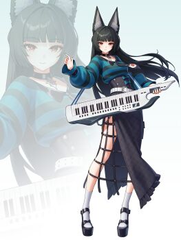 1girl absurdres alternate_costume animal_ear_fluff animal_ears black_hair black_necktie black_shoes black_skirt blue_background blue_shirt blunt_bangs closed_mouth commentary english_commentary fox_ears fox_girl full_body gradient_background high-waist_skirt highres holding holding_instrument hoshimi_miyabi instrument keytar long_hair looking_at_viewer necktie red_eyes retto_7b shirt shoes skirt smile socks solo striped_clothes striped_shirt white_background white_socks zenless_zone_zero zoom_layer