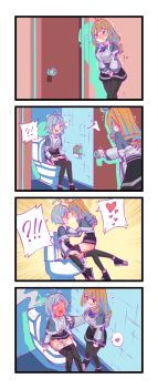 !? 2girls 4koma @_@ ^^^ absurdres ahoge antenna_hair bathroom black_footwear black_legwear black_skirt blue_eyes blue_hair blue_neckwear blush bow bowtie breast_pocket breasts breath buttons clothes_lift clothes_pull comic door drill_hair ear_blush embarrassed emphasis_lines evelyn_(rune_(dualhart)) faceless faceless_female female_focus flying_sweatdrops frilled_shirt frilled_sleeves frills from_above from_side full-face_blush full_body golden_shower grey_hair grey_shirt haley_(rune_(dualhart)) hand_on_another&#039;s_shoulder hands_on_another&#039;s_shoulders have_to_pee heart highres indoors knees_together_feet_apart leg_up long_hair looking_at_another matching_hair/eyes medium_breasts miniskirt motion_lines multicolored_hair multiple_girls multiple_views nose_blush open_mouth orange_eyes orange_hair original own_hands_together pantyhose pantyhose_pull pee peeing peeing_self peeing_together pocket profile pulling_own_clothes rune_(dualhart) school_uniform sharing_toilet shirt shirt_tucked_in shoes sidelocks sideways_mouth sitting sitting_on_lap sitting_on_person skirt skirt_lift small_breasts spoken_heart spoken_interrobang standing streaked_hair surprised sweat tears toilet_paper toilet_use trembling twin_drills two-tone_hair v_arms walking wavy_mouth wet wet_clothes wide-eyed